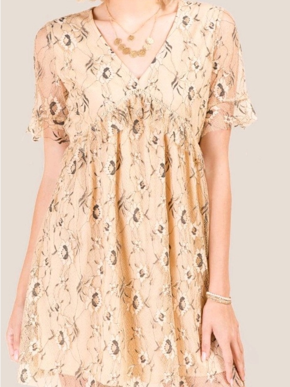 Francesca's Beige Lace Overlay Top with Black Trim